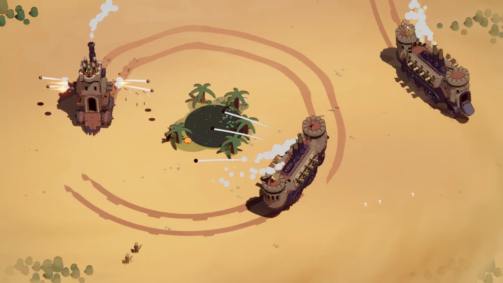 Cannon-equipped rolling fortresses exchange fire around a palm-lined oasis.