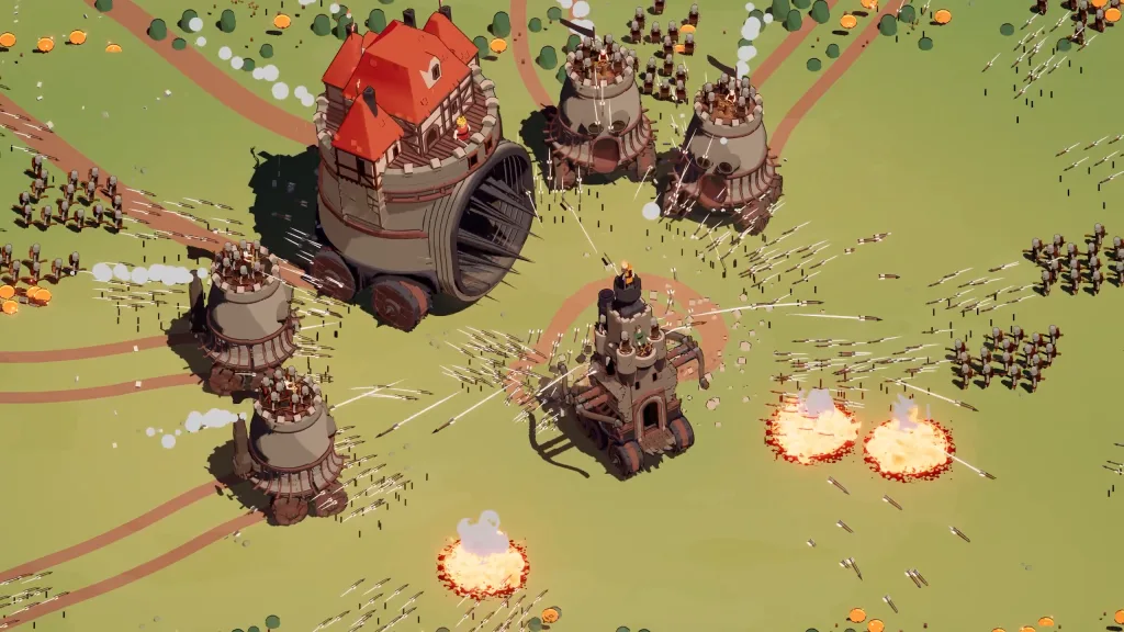 Large enemy fortresses surround a smaller mobile castle amid arrows and explosions.