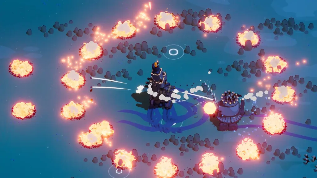 A legged fortress and a wheeled tower exchange projectiles among trees and rings of fire at night.