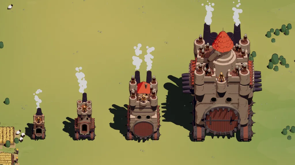 Four progressively larger wheeled fortresses with different towers and mounted equipment.