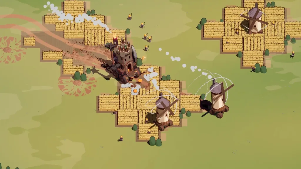 A mobile castle drives between wheat fields and wheeled windmills, leaving a cleared trail.